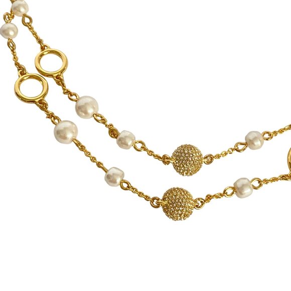 Talbots Pearls Rhinestone Balls Elegant Gold Tone Long or Double Necklace 36in - Picture 10 of 11